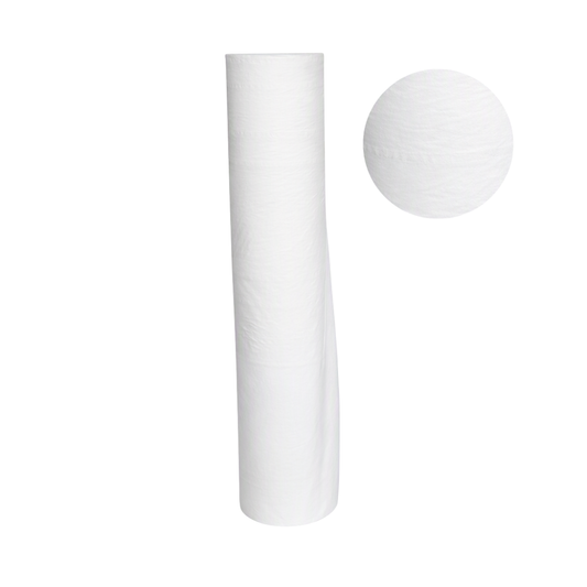 A white paper roll of textured material shown upright next to a circular close-up inset of the fabric texture, on a plain white background.