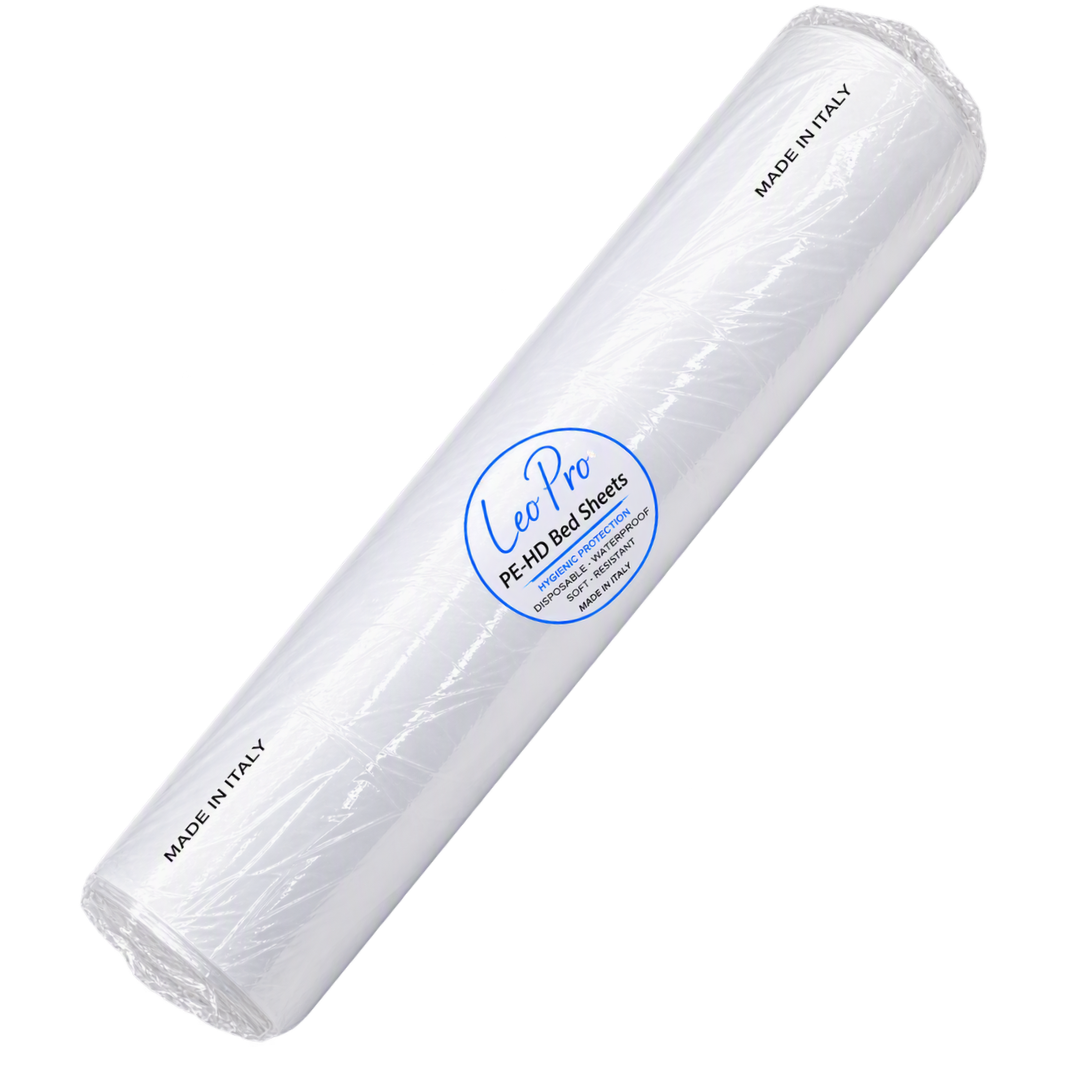 A roll of clear PE-HD bed sheets, wrapped in clear plastic with a blue and white circular 'Leo Pro' brand label and black 'MADE IN ITALY' text, shown on a plain white background.