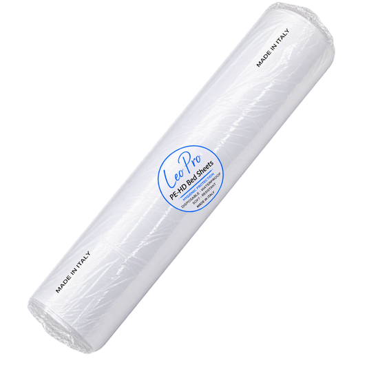 A roll of clear PE-HD bed sheets, wrapped in clear plastic with a blue and white circular 'Leo Pro' brand label and black 'MADE IN ITALY' text, shown on a plain white background.