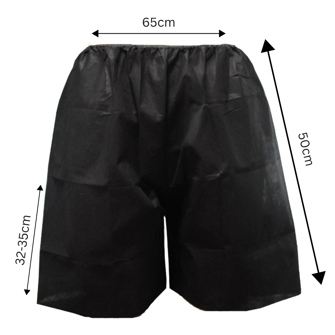 Z715 Disposable Male Boxer Shorts for spa body treatments | Black disposable non-woven men boxer shorts with dimension markings showing 65cm width, 50cm height, and 32-35cm leg length on a white background.