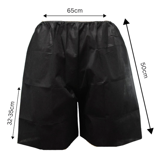 Z715 Disposable Male Boxer Shorts for spa body treatments | Black disposable non-woven men boxer shorts with dimension markings showing 65cm width, 50cm height, and 32-35cm leg length on a white background.