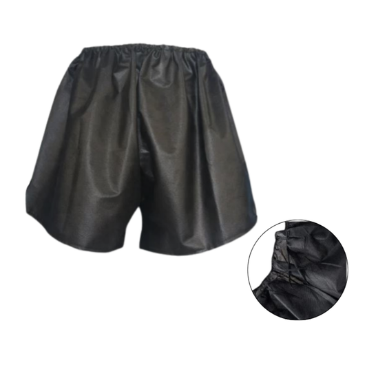 Z712-Disposable Men Boxer 100pack | Black disposable male boxer shorts with an elastic waistband, shown on a white background with a circular detail inset of the drawstring waist.
