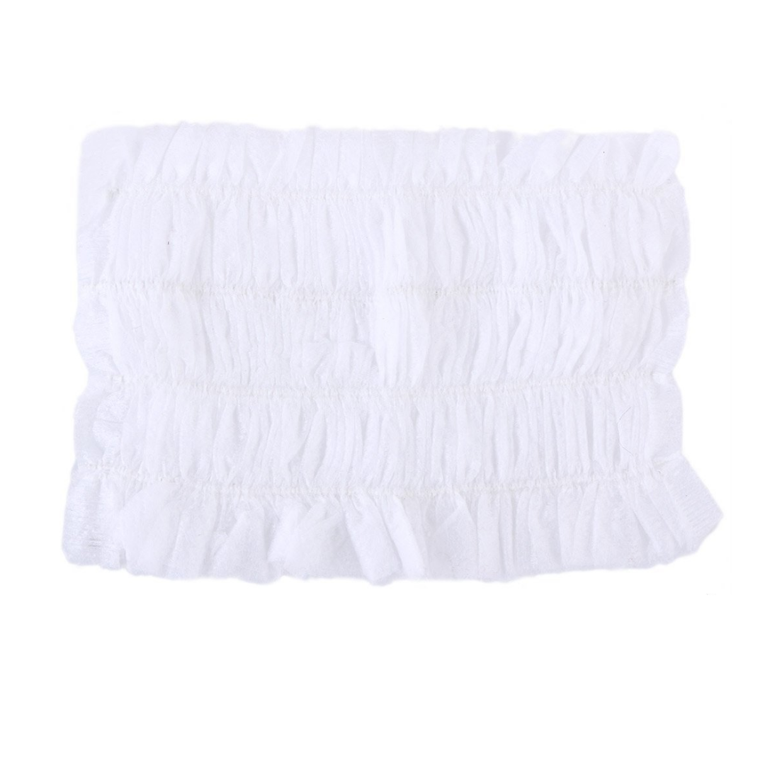 Z713 Disposable Elasticated Headband | A white elasticized woven head band with ruffled edges, shown flat against a plain white background.
