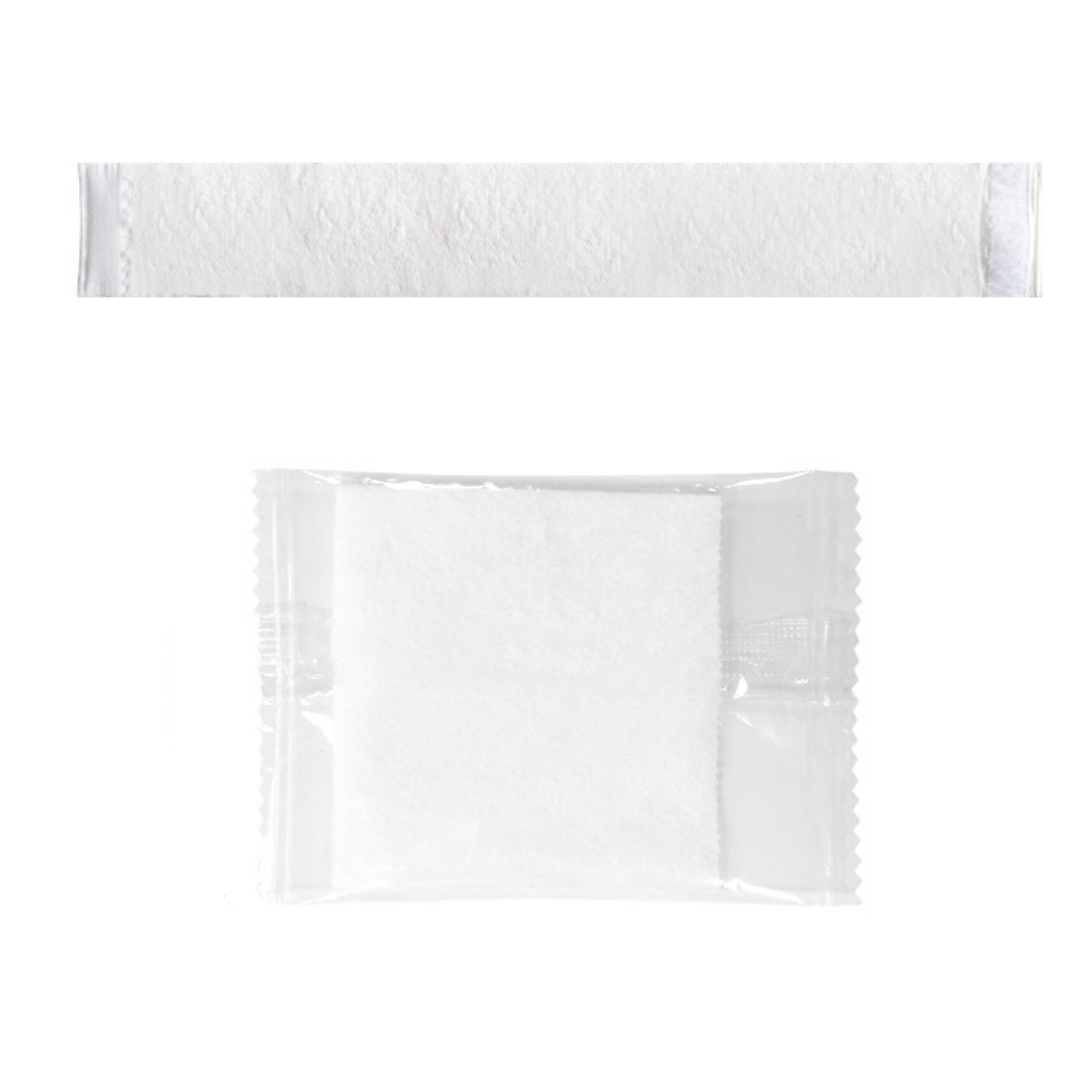A single white disposable stretch headband shown above its clear plastic wrapper on a plain white background.