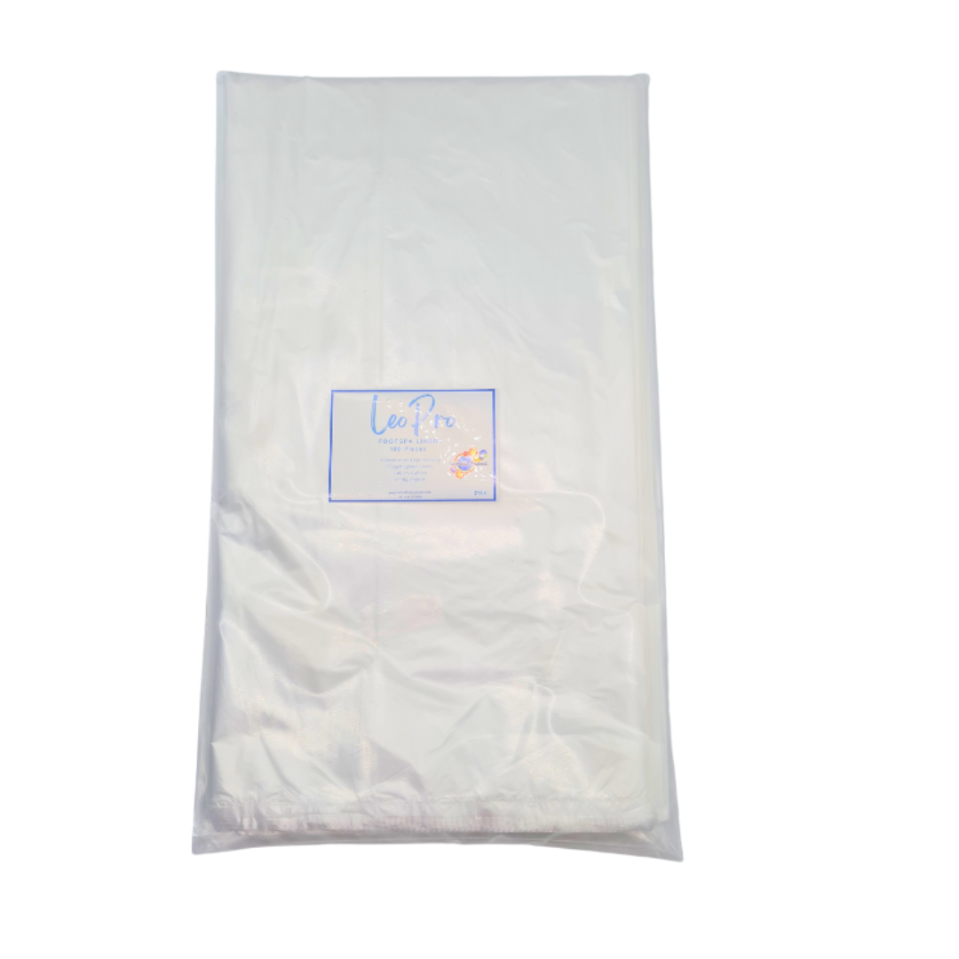 Z734 Clear Pedicure Foot Bath Liners 100pack | Clear plastic foot spa liners packaged in a clear bag with a Leonelda Products brand logo on a white background