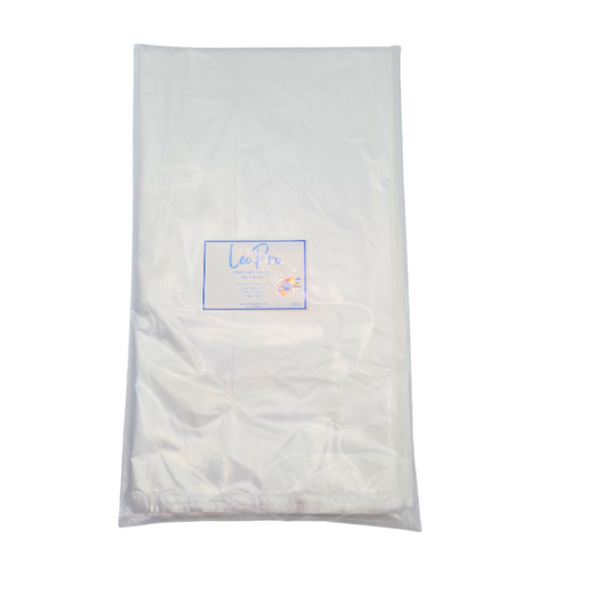 Z734 Clear Pedicure Foot Bath Liners 100pack | Clear plastic foot spa liners packaged in a clear bag with a Leonelda Products brand logo on a white background