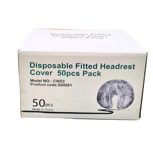 Z736 Fitted Head Rest Cover 50 pieces | A white packing carton with green printed labeling Disposable Fitted Headrest Cover 50pc pack