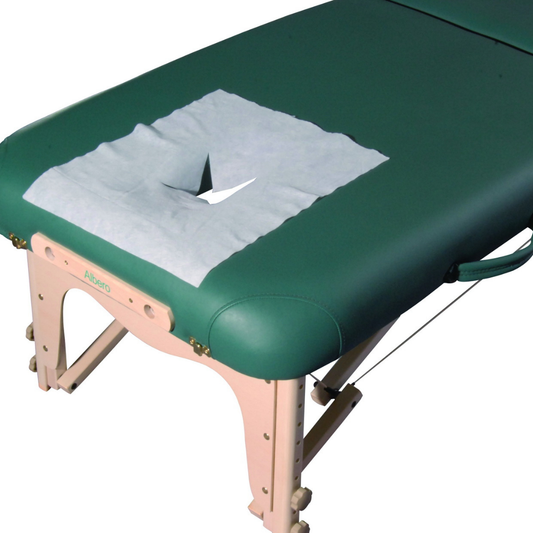 Z737 Disposable Massage Bed Breathing Hole Cover | A green massage table with a light white protective sheet covering the top opening, shown on a white background.