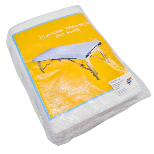 A pack of 10 Disposable Waterproof Bed Sheets | A pack of 10 white disposable bed sheets folded in a clear bag with illustration of bed and sheet on top.