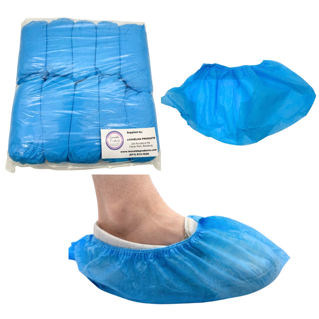 Z740 Blue Woven Shoe covers 100pack | Blue shoe covers in packaging with a foot wearing a single cover on a white background