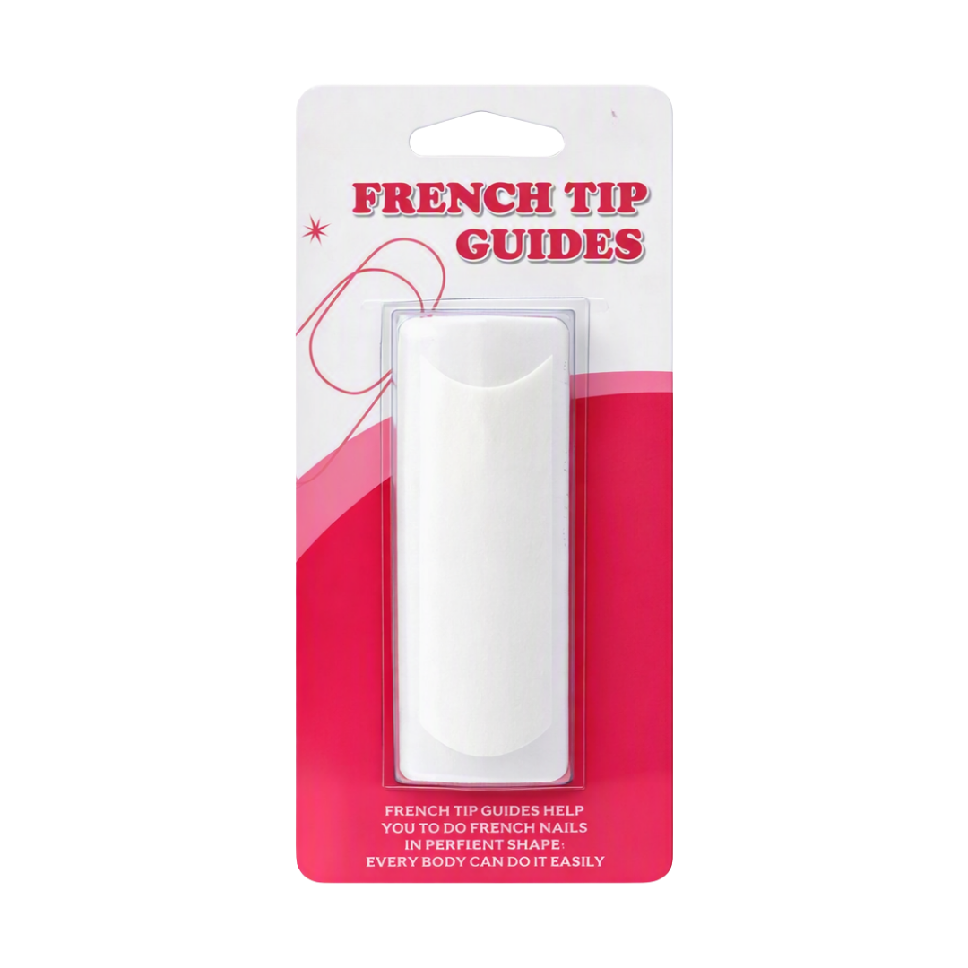 A white French tip guide nail tool in its original retail blister packaging, featuring a white and pink backing card with red text.