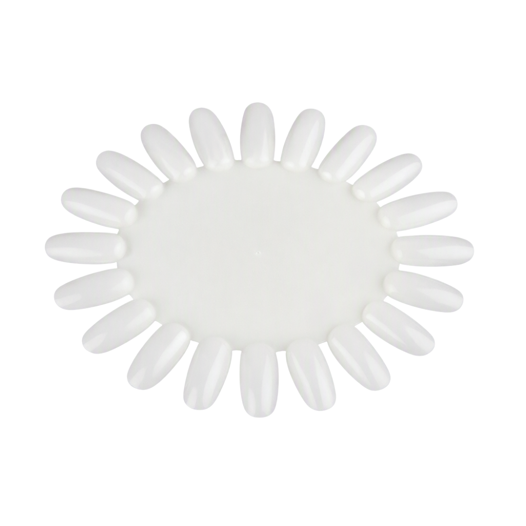A white oval-shaped nail display with multiple curved false nail tips arranged around a central oval base, shown on a plain white background.