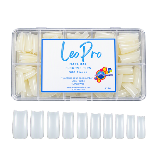 A clear plastic compartment box of Leo Pro Natural C-Curve Tips containing 500 pieces, shown with ten sample false nails displayed below on a white background.
