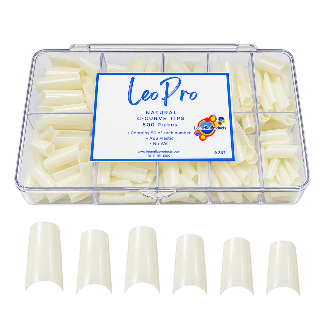 A clear plastic organizer box filled with cream-colored plastic C-curve nail tips, with a white and blue label reading 'LeoPro Natural C-Curve Tips 500 Pieces.' Six matching C-curve tips are displayed in front on a white background.