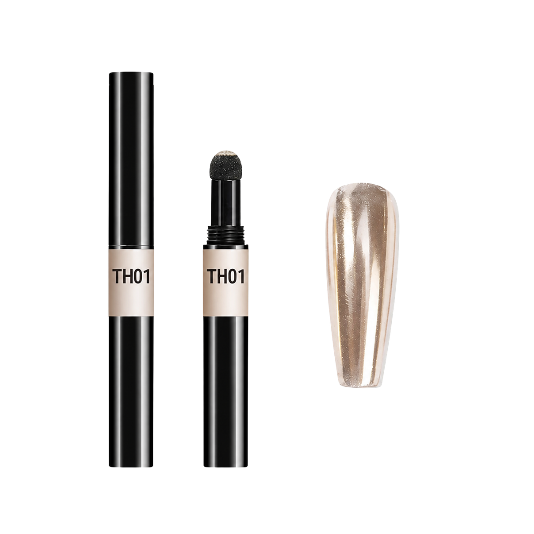 A black nail chrome applicator pen and its cap, both labeled TH01, shown next to a metallic nude gel nail swatch on a plain white background.