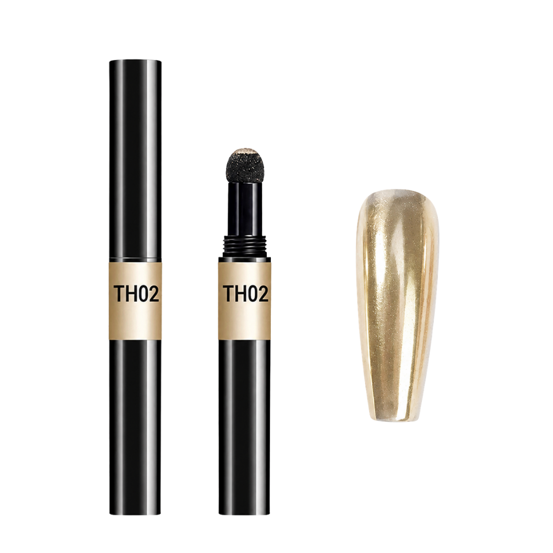 A gold metallic chrome sample shown next to its black and gold applicator tube and cap, with the code TH02 printed on the band.