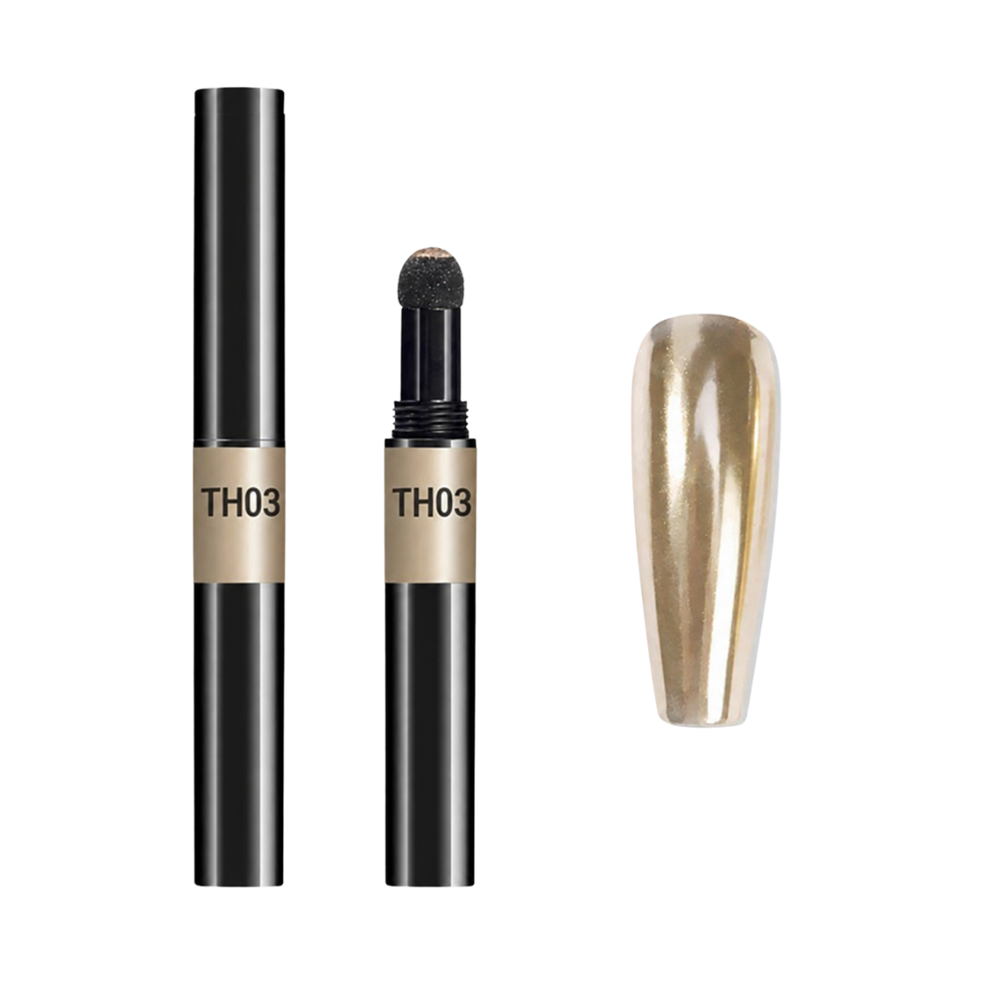 A black nail chrome pigment stick with a gold band labeled TH03, shown alongside its cap and a glossy gold nail tip swatch on a white background.