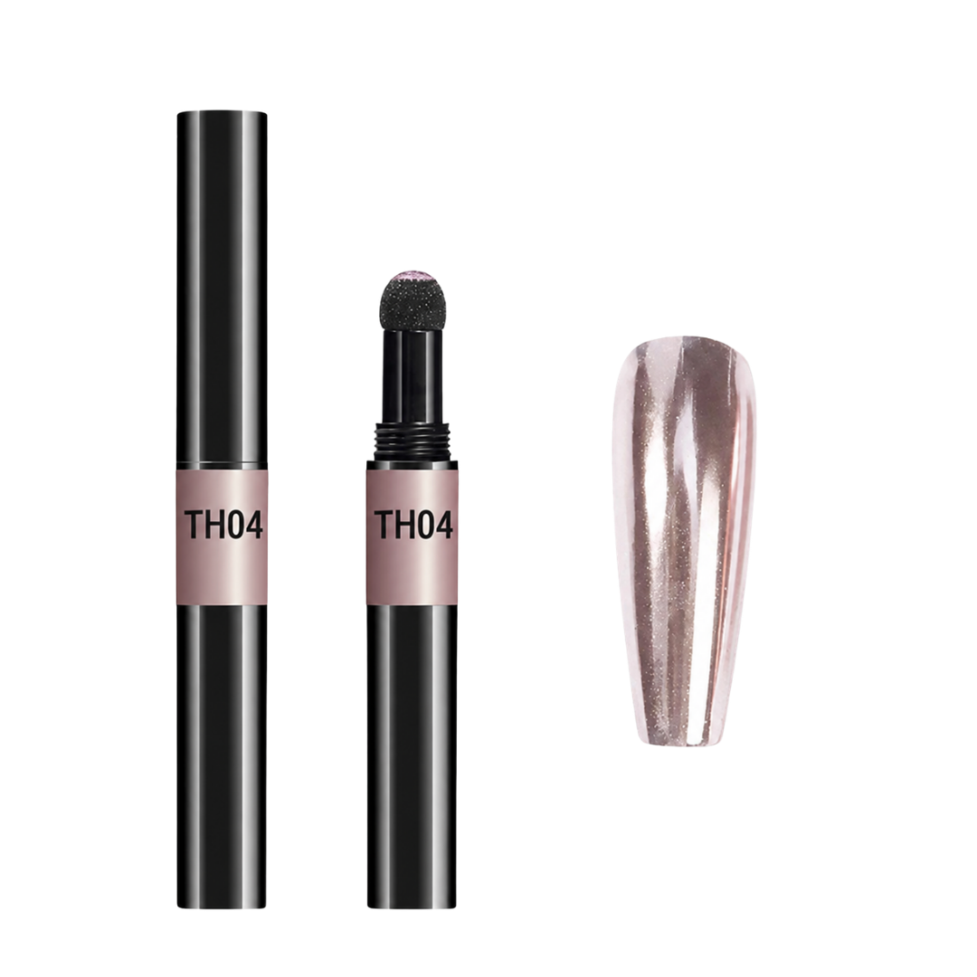 A nail chrome pigment color set shown on a white background, featuring a black cylindrical tube with a metallic pink label reading TH04, a small applicator wand with a black sponge tip, and a glossy metallic pink nail swatch.