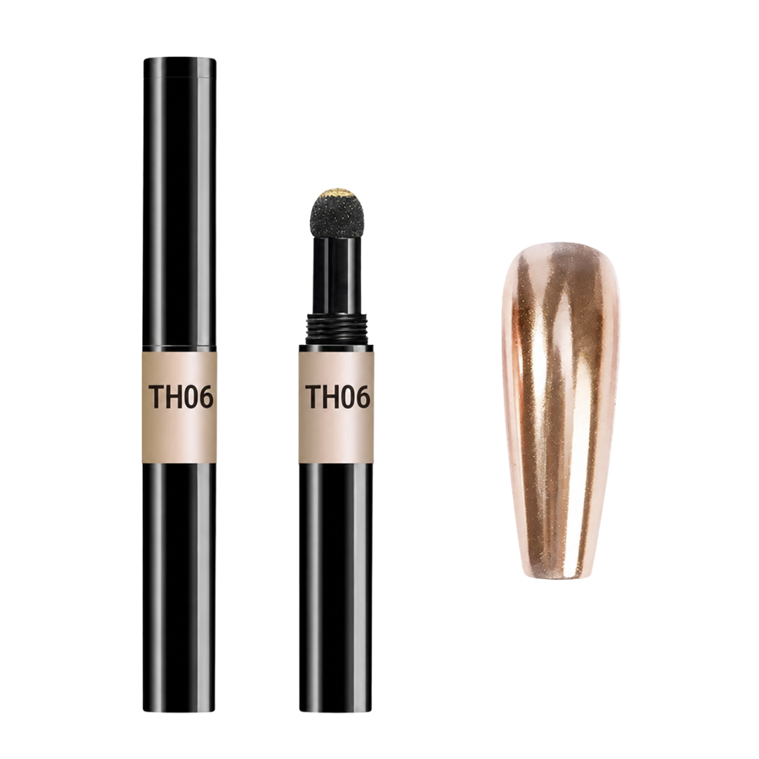 A chrome pigment sample shown in three elements: a closed black tube with a beige band labeled 'TH06', an open applicator tip with a sponge top, and a metallic rose gold nail tip displaying the color. The background is solid white.