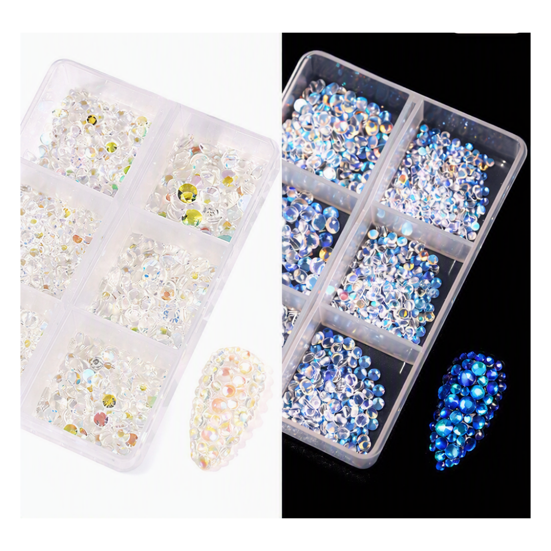 A split image showing two types of nail art rhinestones in compartment trays. The left side shows clear, iridescent, and gold-toned round and faceted rhinestones on a white background, with a small sample of the pearls.