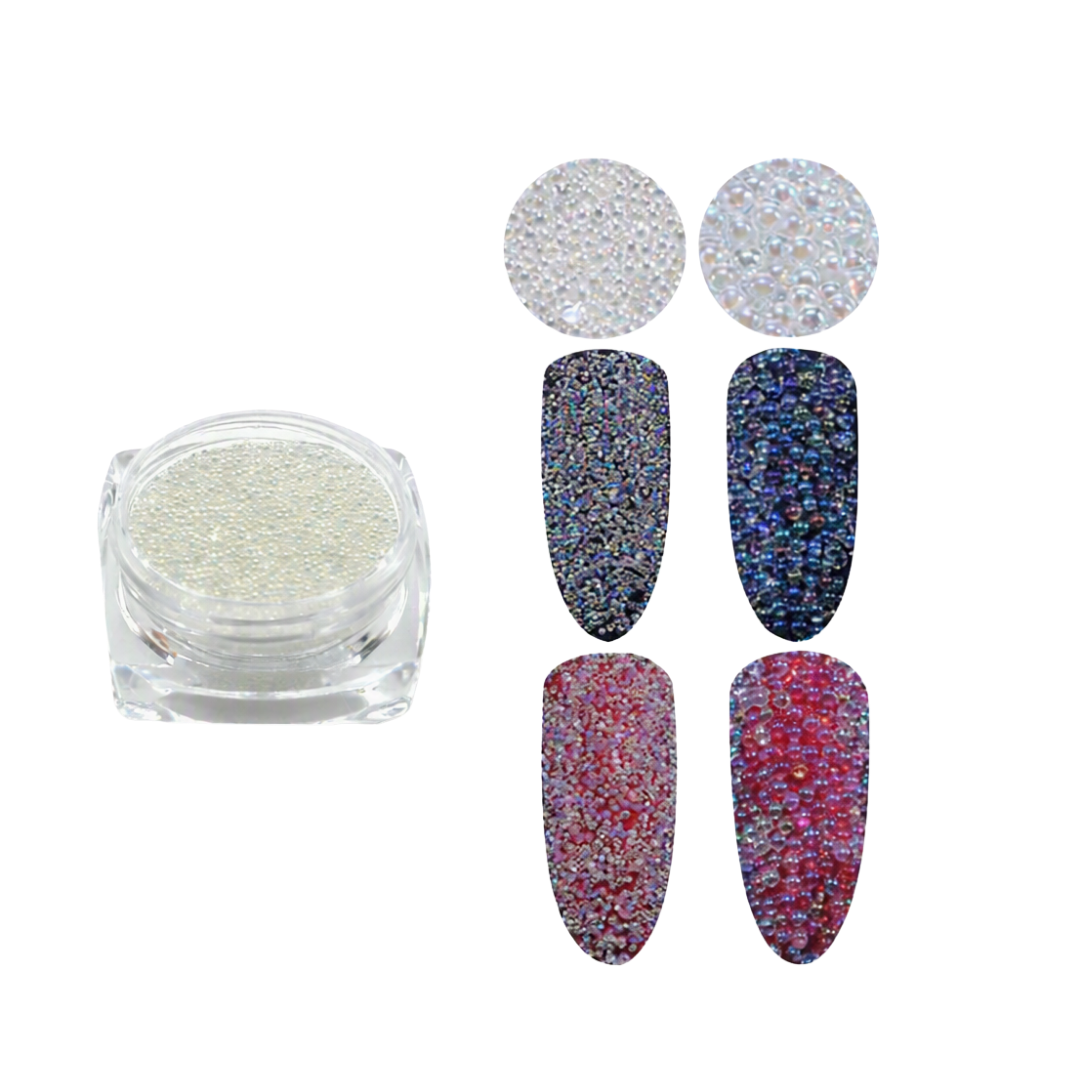 A small clear jar filled with iridescent white nail beads shown beside four nail tip examples demonstrating the glitter's reflective finish on different base colors.