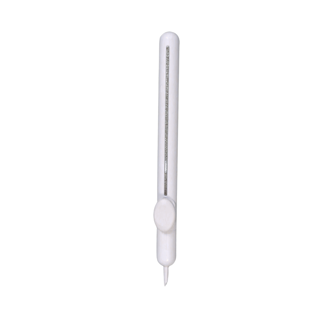 A white plastic nail art pen with a clear viewing window showing internal silver rhinestones, a white plastic gem release knob, and a fine tip at the bottom, isolated on a white background.