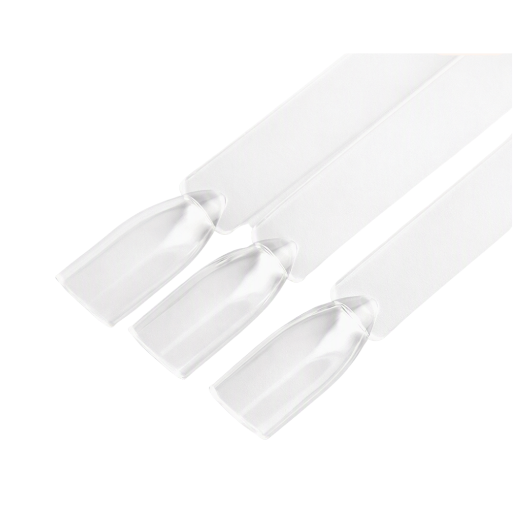 Three clear nails on rectangular nail sticks displayed on a clean white background.