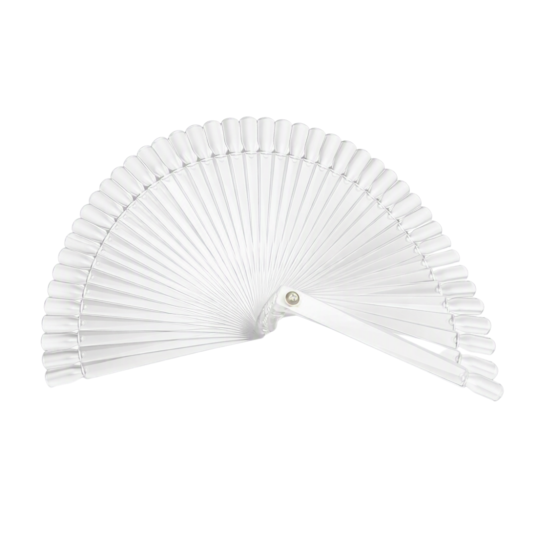AC021 50Piece Nail Art Fan Display with screw Closure | Set of clear nail tips held together with metal screw on a white background
