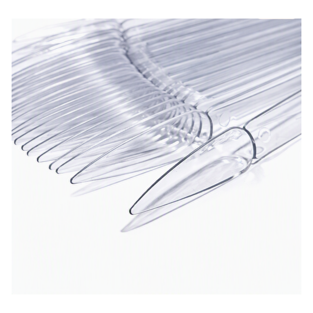 A close-up of multiple clear plastic nail art tip shapes arranged in a fan on a white background.