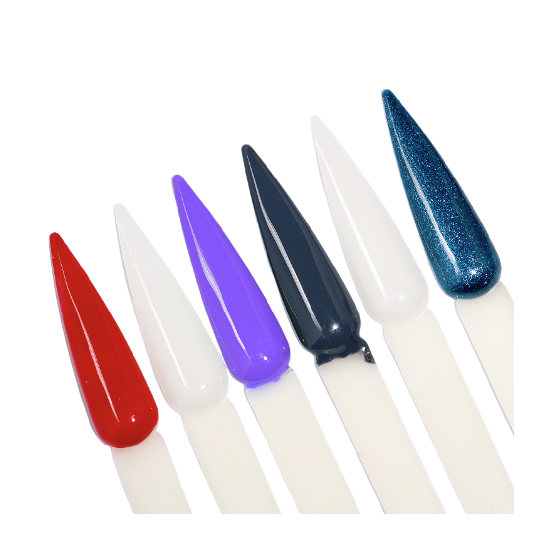 Six pointed nail color swatches arranged diagonally on white sticks, showing glossy color options: red, white, purple, black, clear glitter blue, and a lighter blue glitter.