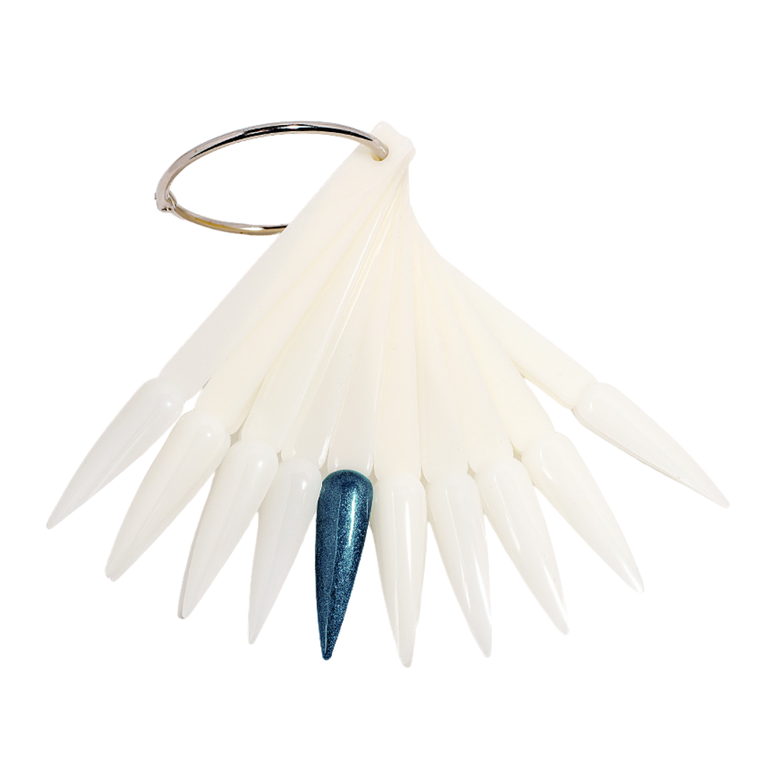 A nail color fan display with multiple translucent white nail tips fanned out from a metal ring, featuring one central tip painted in a metallic blue glitter shade, on a plain white background.