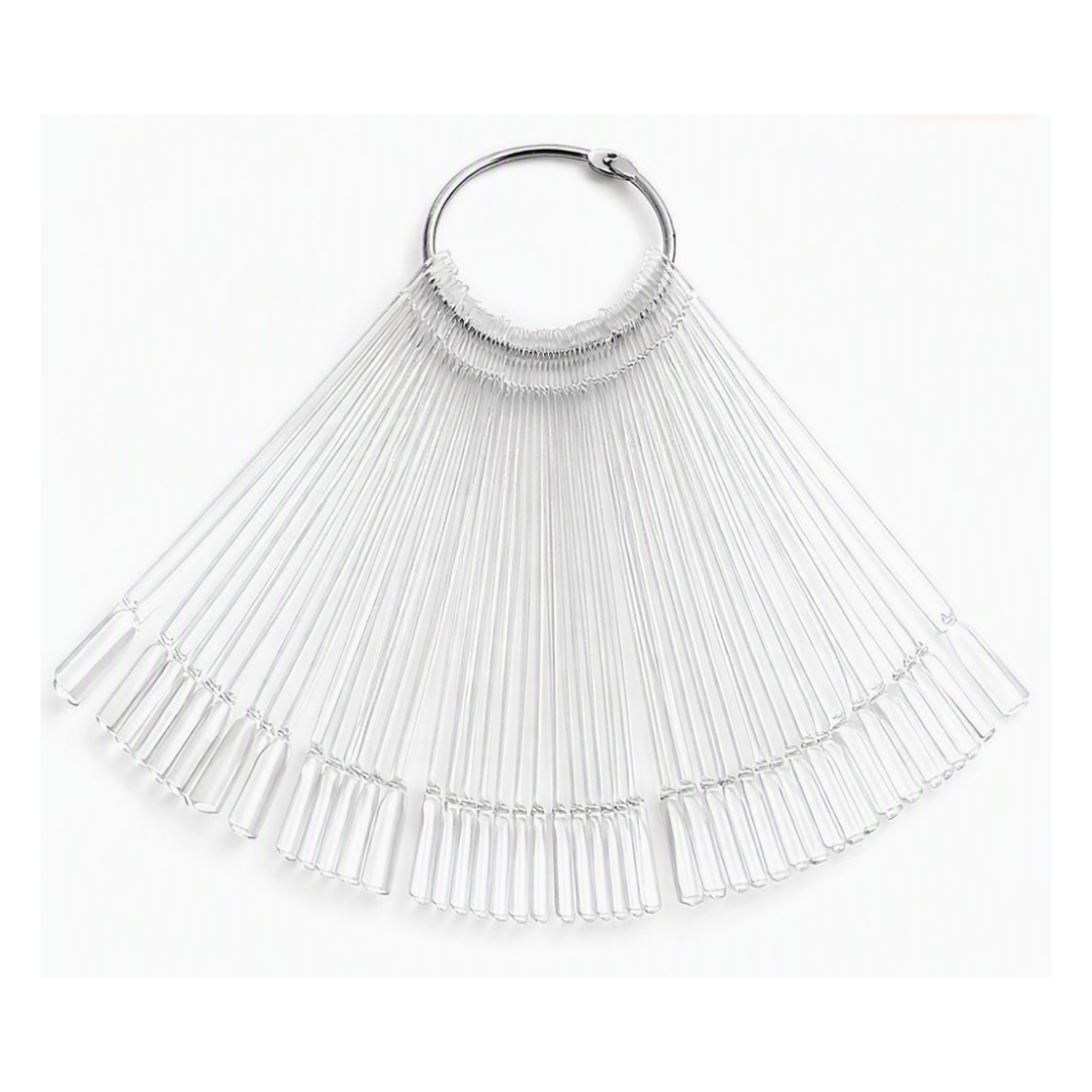 AC026 50Piece Nail Art Fan Display with Ring Closure | Set of clear nail tips held together with metal ring on a white background