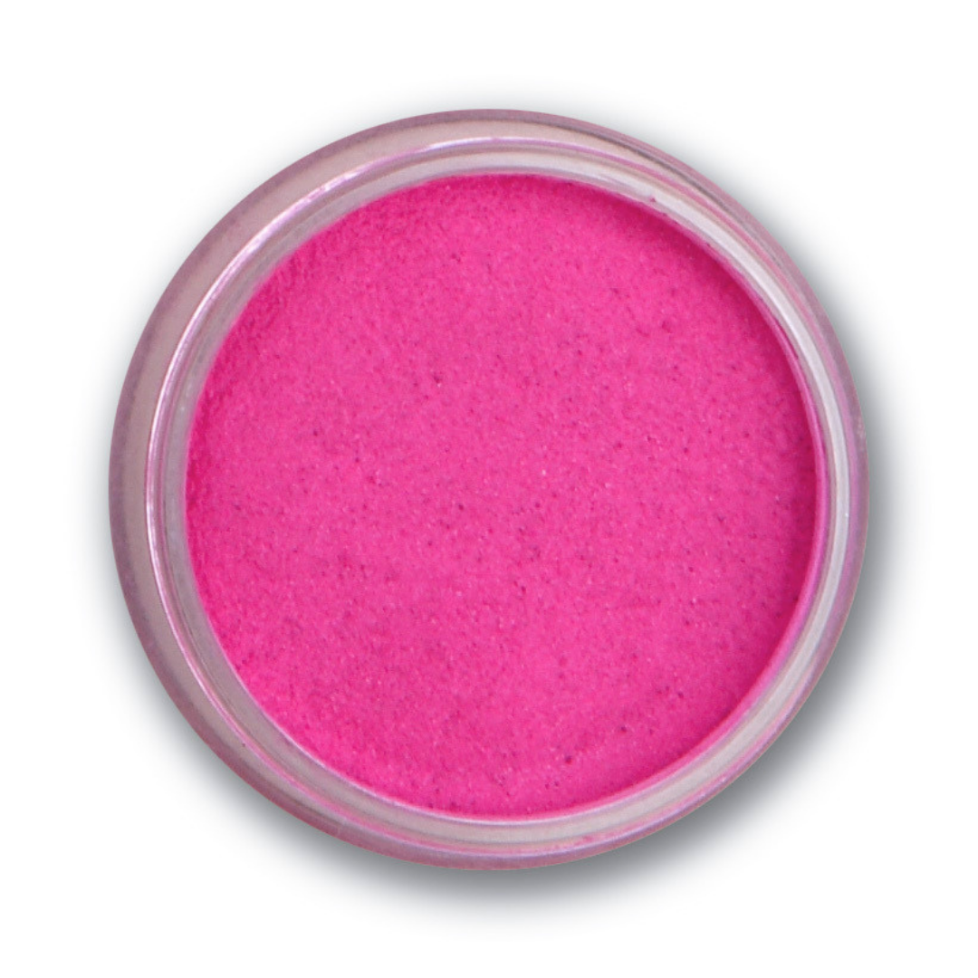 A top-down view of a round clear plastic jar filled with bright hot pink Supernail acrylic powder, set against a plain white background with a soft drop shadow.