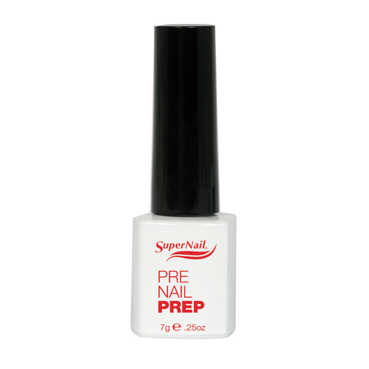 Supernail pre-nail prep for gel nails in a white bottle, black cap and red branding
