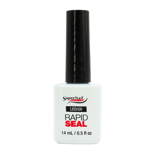 SuperNail LED/LUV Rapid Seal 14 mL bottle of white nail gel sealer, featuring a white bottle, black cap, and red and black text on a white background.