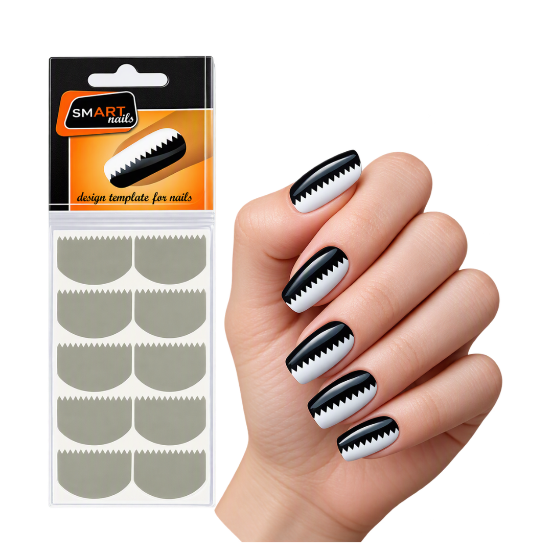A hand with black-and-white chevron-patterned nails stands beside a retail package of nail templates on a plain white background. The package reads SMART nails and shows matching curved template pieces.