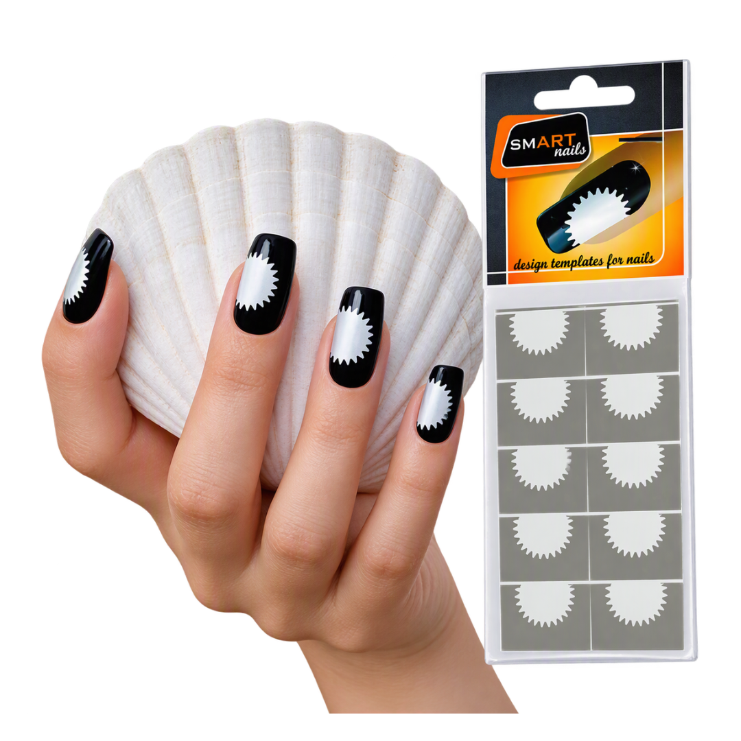 A hand holding a white seashell with black and white nail designs, next to a retail package of 'SMART nails' template stickers for nails.