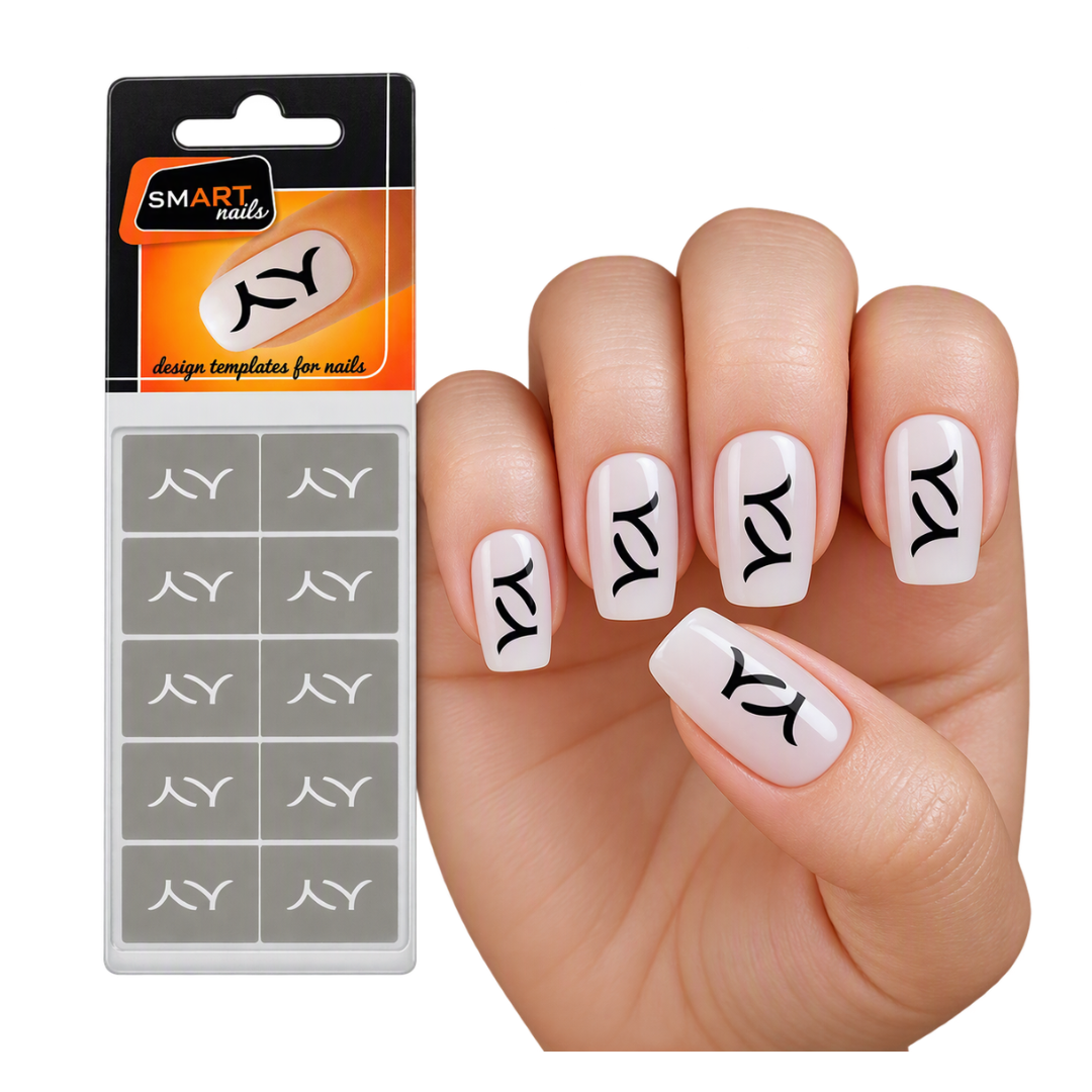A hand with white nails decorated with black curved nail templates, shown next to a retail package labeled SMART nails.