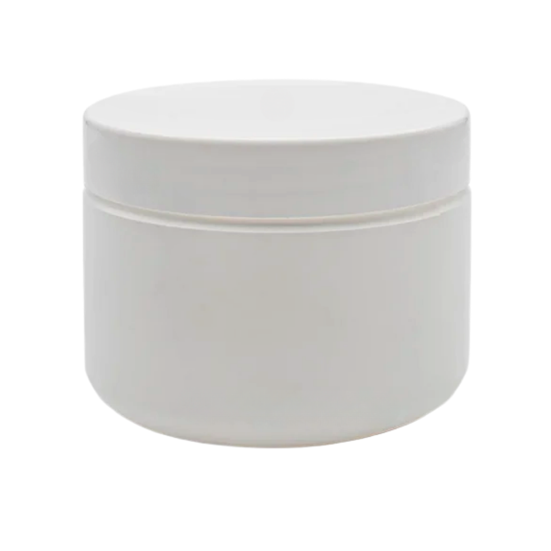 A plain white cylindrical plastic jar with a matching screw-on lid, shown against a solid white background.