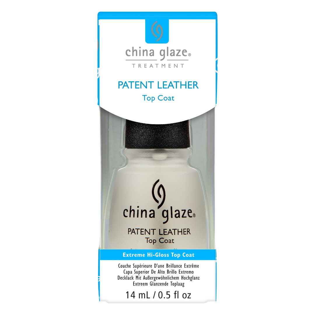 China Glaze Patent Leather nail polish top coat packaging on a white background