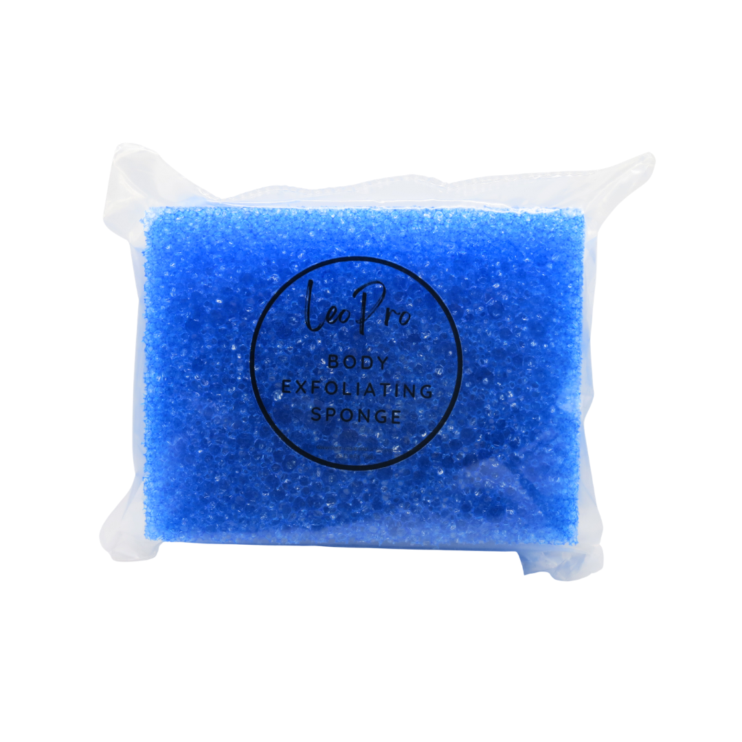 A blue exfoliating body sponge inside a clear plastic bag with a black circular logo that reads 'Lee Pro BODY EXFOLIATING SPONGE' on a white background.