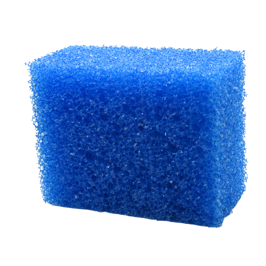 A blue porous sponge block with a highly textured, open-cell structure, isolated on a solid white background.