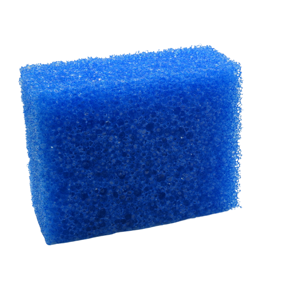A blue porous sponge block, for body exfoliation, shown on a solid white background.