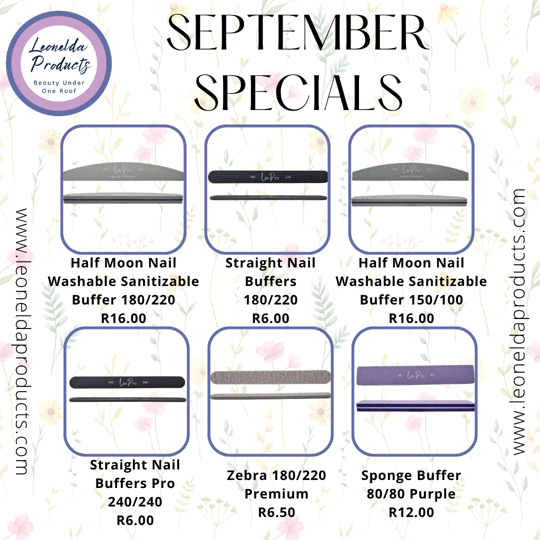A promotional flyer for 'Leonelda Products' featuring a 'September Specials' menu with six different nail buffer products, including Half Moon and Straight Nail Buffers in various sizes and colors like purple and gray.