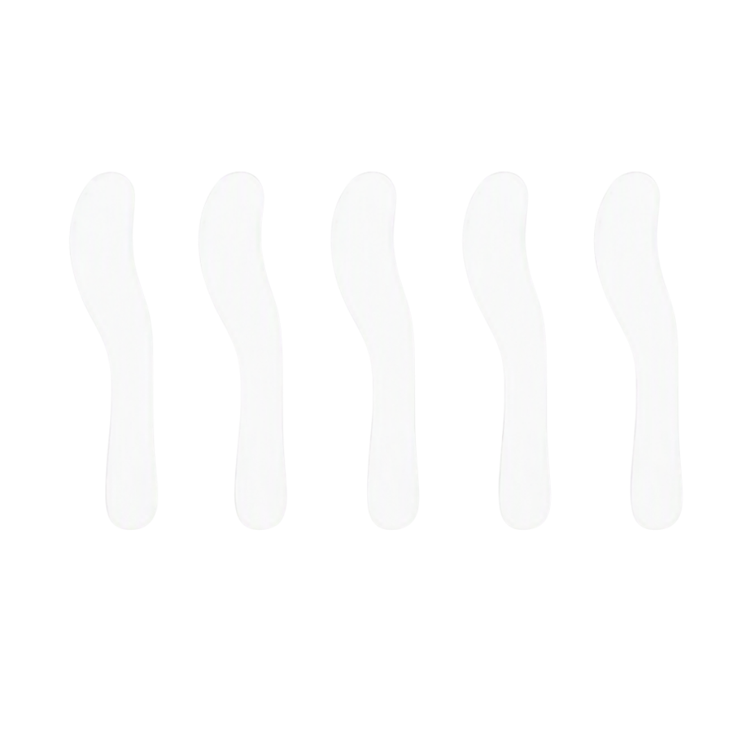 Five translucent white curved plastic spatulas arranged in a row on a plain white background.