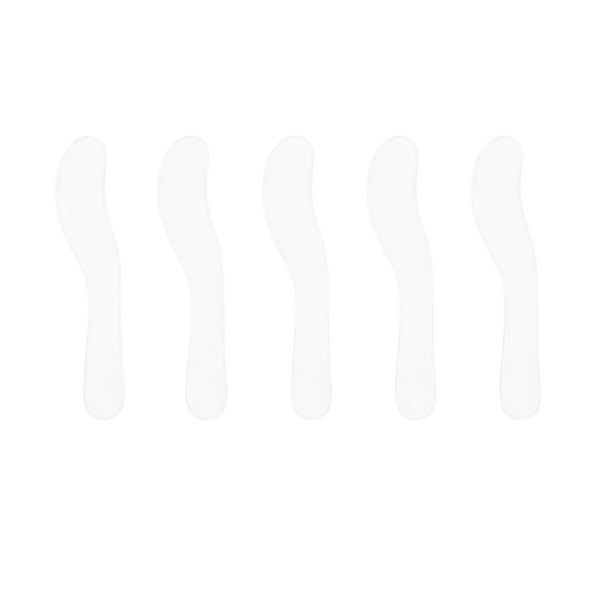 Five translucent white curved plastic spatulas arranged in a row on a plain white background.
