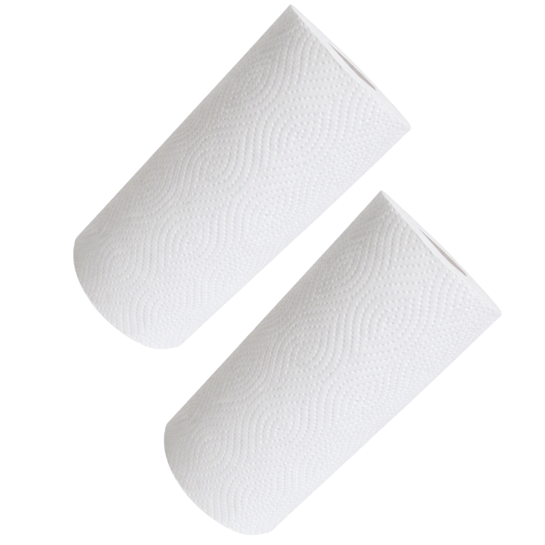 Two white paper towel rolls with a textured wavy embossed pattern, shown on a plain white background.