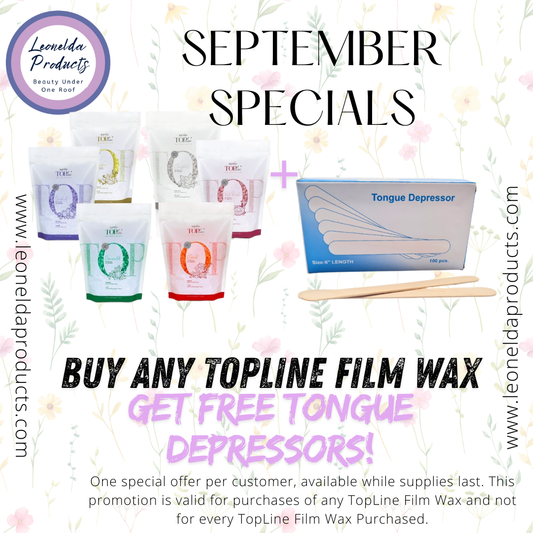 Promotional graphic for Leonelda Products featuring TopLine Film Wax products and a free Tongue Depressor offer during September specials. The design includes multiple wax pouches in assorted colors, a blue Tongue Depressor box, wooden spatulas, and floral watercolor accents on a white background.