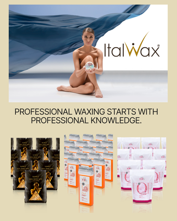 Promotional collage for ItalWax professional waxing products, featuring a seated nude woman holding a waxing tool under a flowing blue fabric backdrop, with the ItalWax logo. Below, multiple product pouches and boxes are arranged on a beige background with the text 'PROFESSIONAL WAXING STARTS WITH PROFESSIONAL KNOWLEDGE.