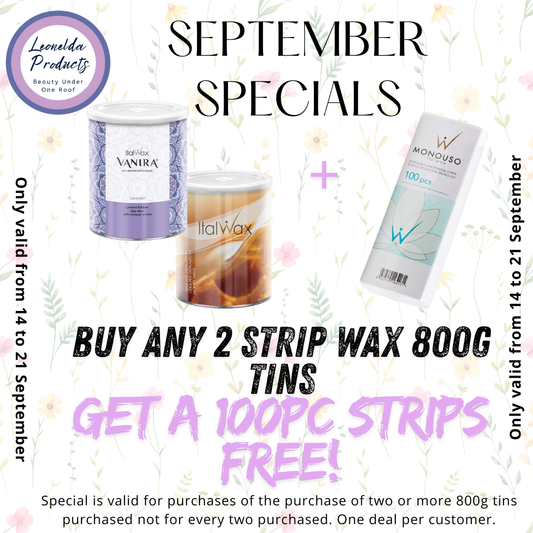 Promotional graphic for a September special offer featuring three 800g strip wax tins: a lavender  scented tin, a caramel-colored 'Italian Wax' tin, and a white 'Monduso' 100mcg strips. The image includes text overlays detailing the offer: 'Buy any 2 strip wax 800g tins, get a 100pc strips free!' and lists the brands 'Leenelda Products' and 'Italwax'.